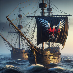 One ship is moored to another, which has a black raven flag