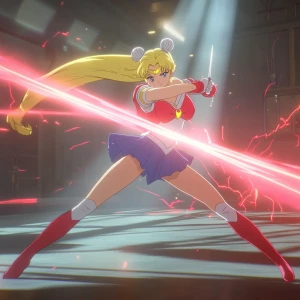 Sailor Moon  showcasing her  signature moves in a dynamic battle...