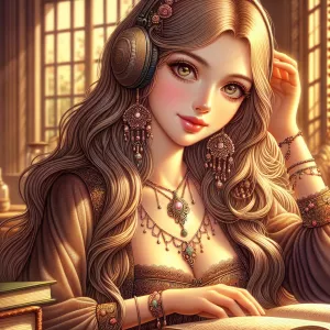 The image depicts an illustration of a young woman with long, li...