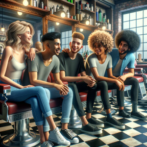 Genrate me a image of a girl with her friends at the barber shop