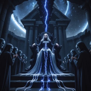 "Inside a colossal temple carved from black stone and bone, the...