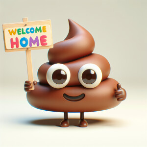 The poop emoji holding a welcome home sign