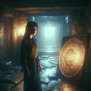 The girl stands in a dark gloomy old basement and finds a medall...