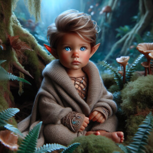 An elven baby with dark brown skin, blue eyes, and blonde hair.