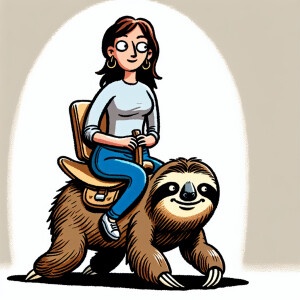 A woman with brown hair rides a sloth that has a saddle on .