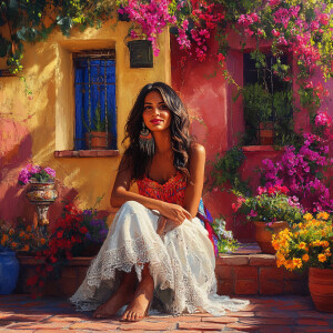 Beautiful Mexican woman, sitting in a colorful Mexican courtyard...