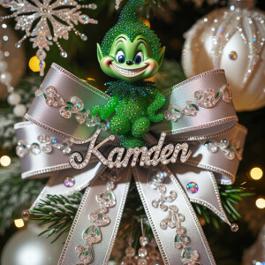 crystallized ribbon name *kamden* wrapped around a christmas tre...