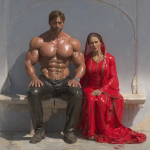 Hyperrealistic image,A man muscular beefy sweaty doinga yoga sit...