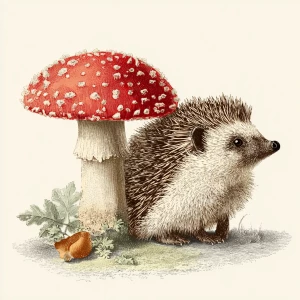 Small hedgehog sitting calmly beside mushroom, vintage illustrat...
