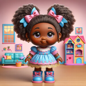 Design a 3-D realistic original African-American Cabbage Patch doll. She has on a blue pink and gold dress with matching booties. She has pink and blue bows in her hair. she lives inside of a colorful dollhouse. She has freckles and big dimples.