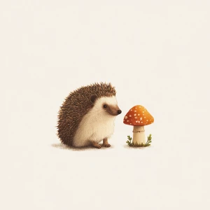 Cute small hedgehog sitting beside mushroom, vintage illustratio...