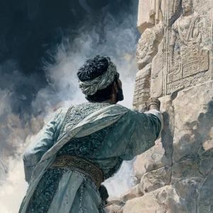 A detailed depiction of a middle eastern man from behind as he i...