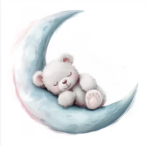 A cute, cartoon teddybear lies on a stylized, rosy-pink crescent moon. The teddy bear is light gray with large, round, pink-spotted ears.  Its body is round and he has expressive eyes.  its facial expression is happy and friendly. The teddy bears leg and foot are visible, and its posture is relaxed, lying down in the curve of the moon. it's stomach is lying down on the moon with left arm and leg showing hanging down. The moon is a soft, shaded blue, with watercolor-like texture and subtle shading. The background is white. The image is in a child-friendly style, showcasing delicate line work and color palettes. The composition is centered on the teddy bear which is positioned lying slumped face down on  the moon, giving the moon a hug with closed eyes. The overall style is sweet, whimsical, and reminiscent of children's book illustrations.  The colors are pastel and soothing, creating a gentle atmosphere.