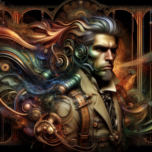 detailed rusty steampunk man with flowing hair, whimsical, surre...