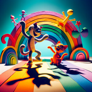 Cat and dog dancing on the rainbow land