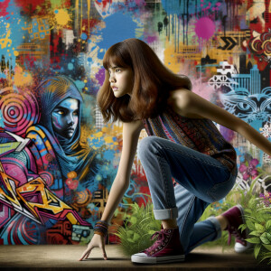 teenage girl, long brown hair and bangs, wearing tight skinny jeans and a halter top paint marks on her clothing, heroic pose Asian graffiti background, nearing on one knee