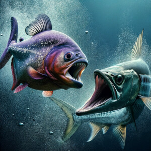 Purple piranha not showing his teeth fighting a barracuda