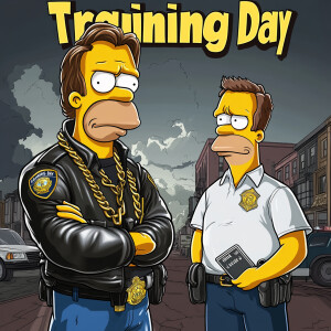 Reimagine the Training Day poster with Homer Simpson as Alonzo a...