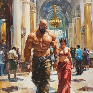 fantasy  painting 1:1.A sweaty muscular man, walking with his 54...