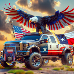 Create a dynamic and patriotic scene featuring a 4x4 truck adorn...