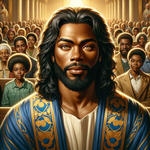 Illustrate an inspiring African-American Jesus crust with a dign...