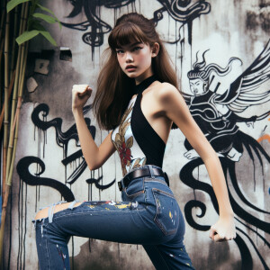 teenage girl, long brown hair and bangs, wearing tight skinny jeans and a halter top paint marks on her clothing, heroic pose Asian graffiti background, nearing on one knee