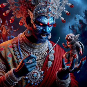 photograph of angry looking, gorgeous goddess kali, blue skinned carrying a weak mahishasur in her two arms and poking him with her amazingly long red fingernails. She is wearing a huge silver crown, red saree, abundant silver jewelry, covered in blood. The scene is set in ancient India. The image is 8K resolution, cinematic, ultra detailed face and epic.