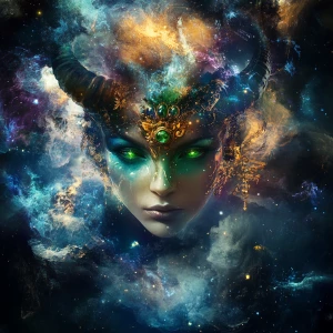 Create an image of a Taurus goddess with green eyes and head jew...