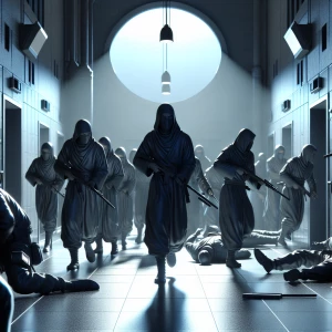 In the dead of night, a shadowy group of ninjas silently infiltr...