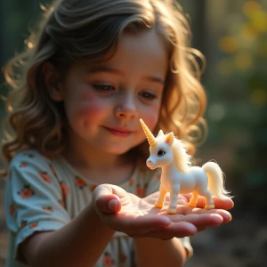 A tiny glowing unicorn, no taller than a teacup, gently trots an...