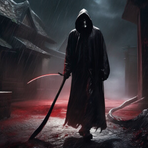 A menacing figure cloaked like the Grim Reaper, wielding a scyth...