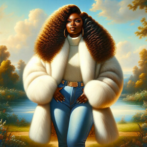 Craft a 4K glossy oil painting portraying a regal, plus-size Afr...