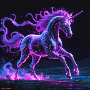A holographic magenta-hued centaur gallops through a digital lan...