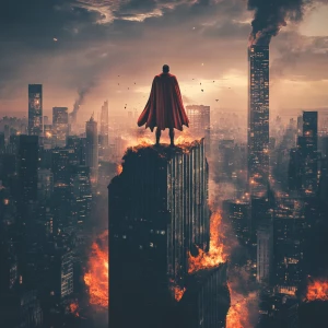 You are a graphic designer who is an expert in Photoshop. Create a cinematic style image of a classic superhero standing triumphantly on a skyscraper of a burning city.