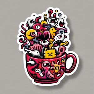 kiss cut sticker off a hand-drawn coffee cup overflowing with ch...