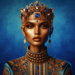 Create a 3-D realistic, elegant figure against a vivid royal blu...