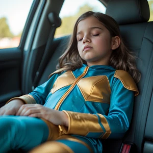 A 12-year-old girl dressed in a Starfire costume from Teen Titan...