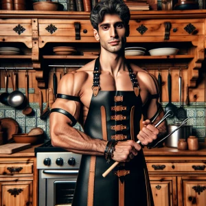 A muscular man stands in a kitchen wearing a black leather apron...