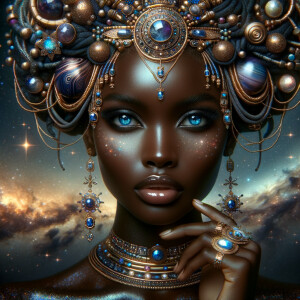 "Create a portrait of a regal African latino woman with an ethereal and cosmic theme. Her skin is a glossy tan brown, with a smooth and flawless finish that reflects light. Her eyes are a striking electric blue, like sapphires, with a makeup that accentuates their shape and the intensity of their color. Her hair is styled into an intricate array of braids, coils, and twists that cascade down and frame her face, adorned with beads and jewels that catch the light. She wears an elaborate headdress made of swirling patterns and motifs that evoke the mysteries of the universe, studded with shimmering stones and intricate enamel work in hues of blue and gold. Her attire consists of a cascade of layered necklaces and a majestic, shoulder-grazing earring, each piece detailed with a mix of precious stones, metals, and intricate beadwork. The background is a tapestry of stars and nebulas, suggesting a connection to the cosmos. Her pose is serene, with a hand gracefully touching her chin, adorned with rings that complement her other jewelry, all coming together to suggest an aura of wisdom and grace."