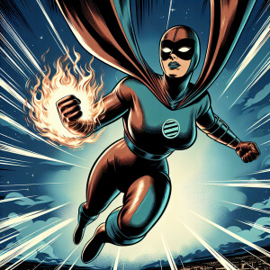 In the image, an animated superhero is depicted flying through t...