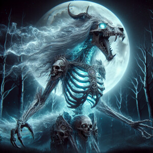 An eerie ghostly alien skeleton figure with elongated fangs, sur...