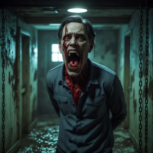 "Craft a hyper-realistic, highly detailed horror scene featuring...