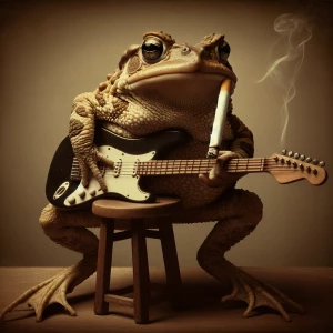 A realistic toad perched atop a wooden stool, a burning cigarett...