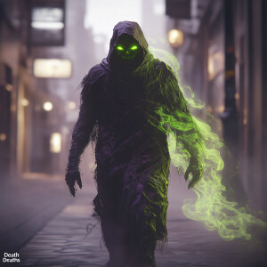 A hyper-realistic UHD image featuring "Death” wearing a tattered...