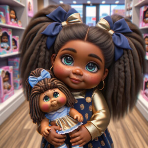 Create a 3-D image of an african-American little girl inside of a medium size, toy store. The little girl has thick long, ponytails and huge blue eyes. She has on a gold and blue jumpsuit with matching bows, She is playing with her favorite african-American cabbage patch doll, the doll has deep, dimples, and freckles and looks just like her