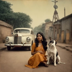A30 year old girl sitting in the middle of the road with Indian...