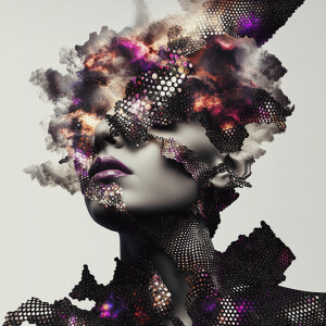 Futuristic female figure adorned with glowing, space-inspired pa...
