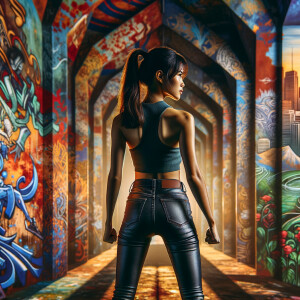 Athletic Thin skinny Attractive, Asian teenage girl, long brown hair and bangs, wearing tight skinny jeans and a halter top paint marks on her clothing, heroic pose Asian graffiti background, backside view