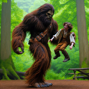 A large huminoid looking Sasquatch picking up Daniel Boones olde...