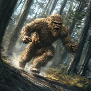A humanoid looking haircovered sasquatch running fast through th...